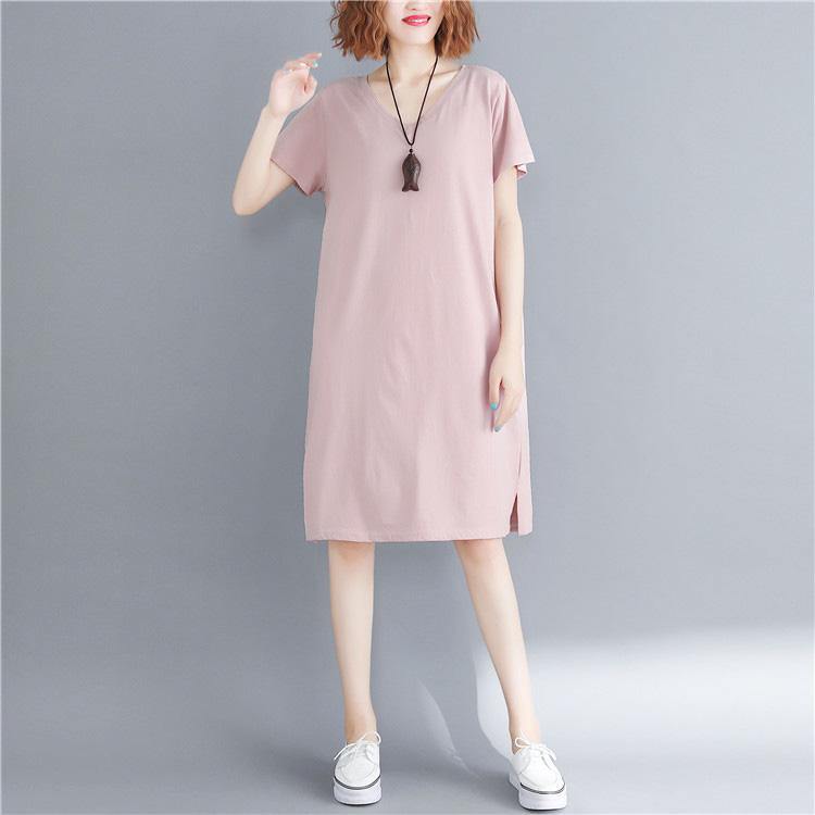 French pink Cotton dresses stylish Fabrics v neck back side open Art Dresses - Omychic
