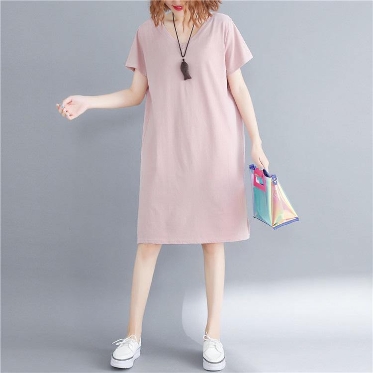 French pink Cotton dresses stylish Fabrics v neck back side open Art Dresses - Omychic
