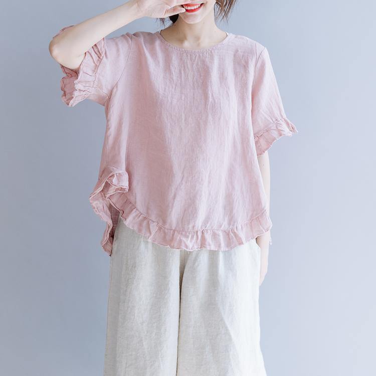 French pink linen clothes For Women Inspiration o neck Ruffles summer shirt - Omychic