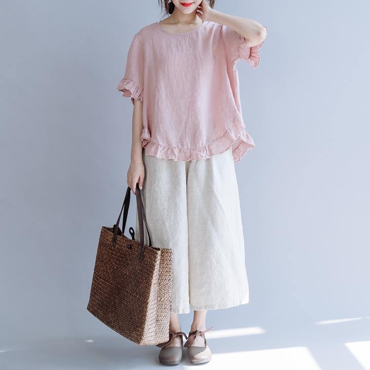 French pink linen clothes For Women Inspiration o neck Ruffles summer shirt - Omychic