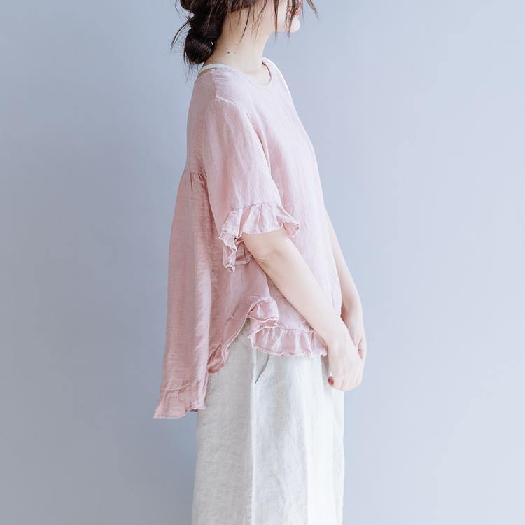 French pink linen clothes For Women Inspiration o neck Ruffles summer shirt - Omychic