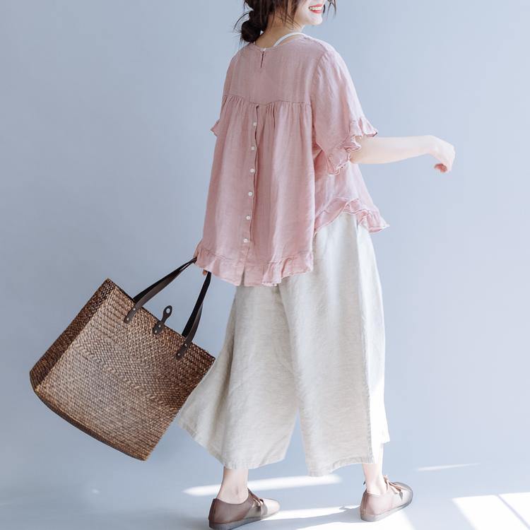 French pink linen clothes For Women Inspiration o neck Ruffles summer shirt - Omychic