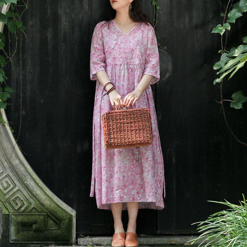 French pink linen dresses Korea Shirts v neck tie waist loose Summer Dresses - Omychic