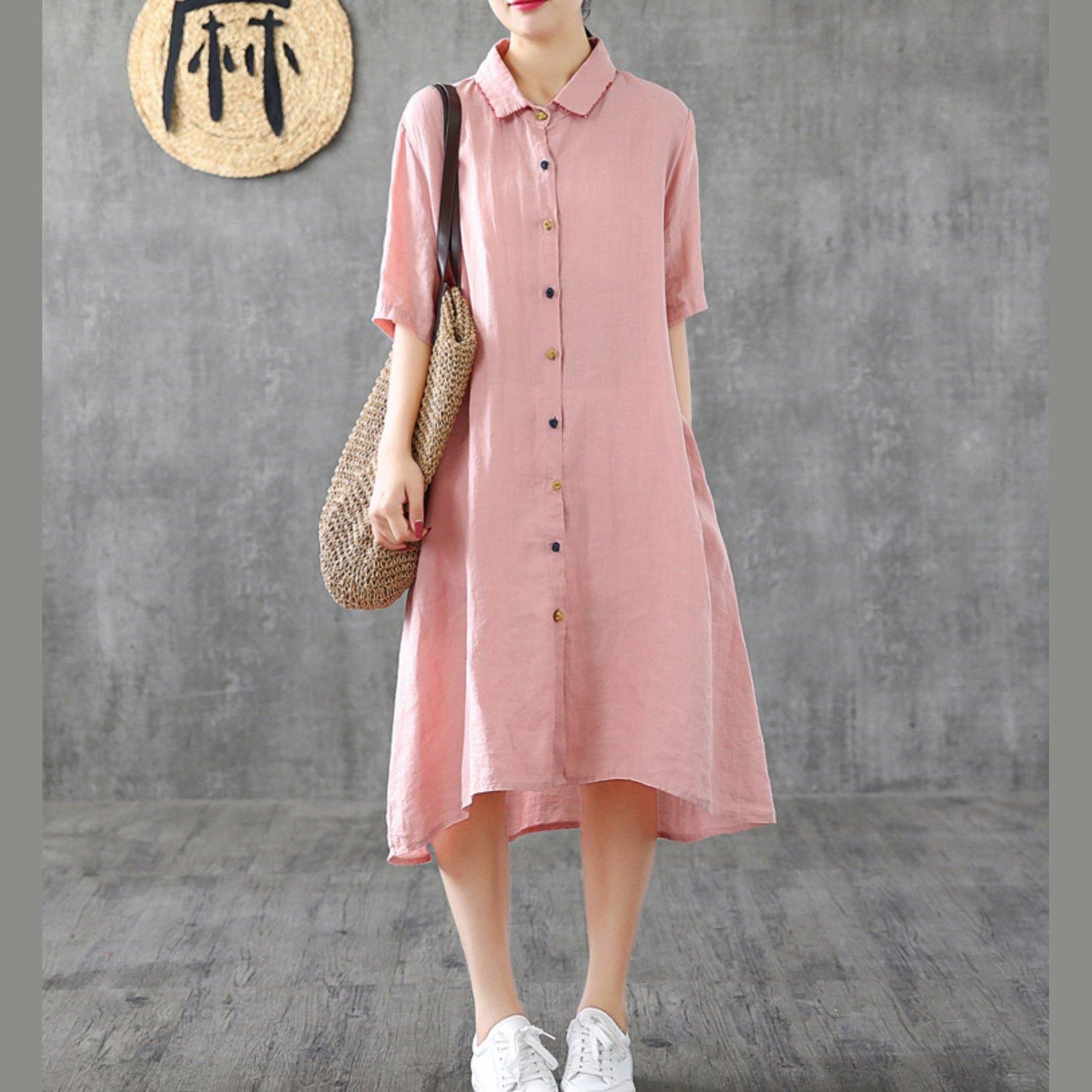 French pink linen dresses lapel Button Down cotton Dresses - Omychic