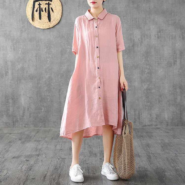French pink linen dresses lapel Button Down cotton Dresses - Omychic