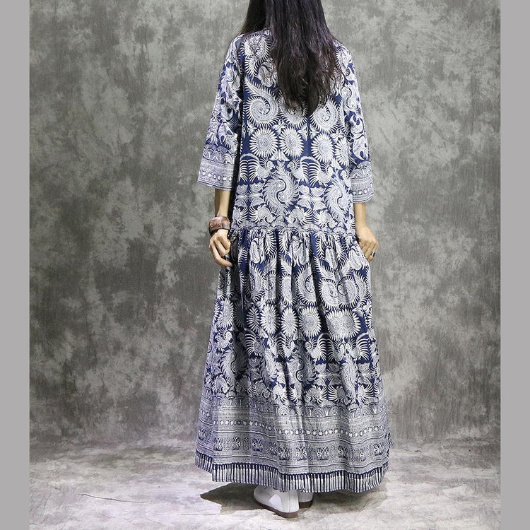 French prints linen cotton clothes For Women plus size Neckline blue Maxi Dress summer - Omychic