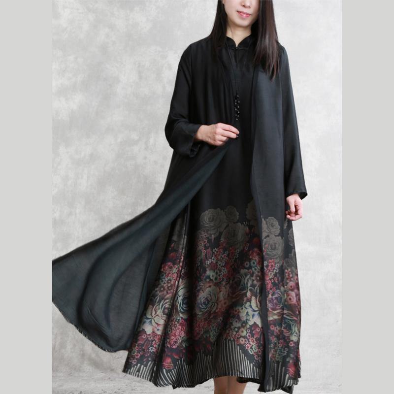 French prints silk cardigan stylish Inspiration black cotton maxi coats patchwork - Omychic