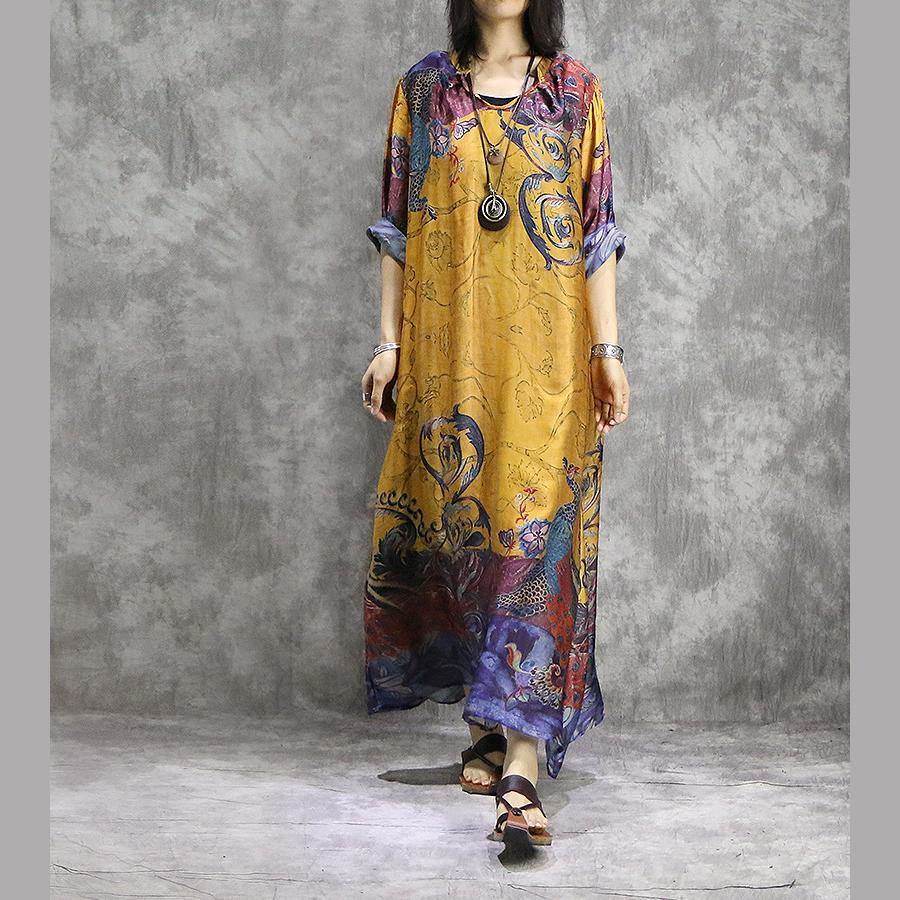 French prints silk tunic dress Fashion design yellow silk Dresses summer - Omychic
