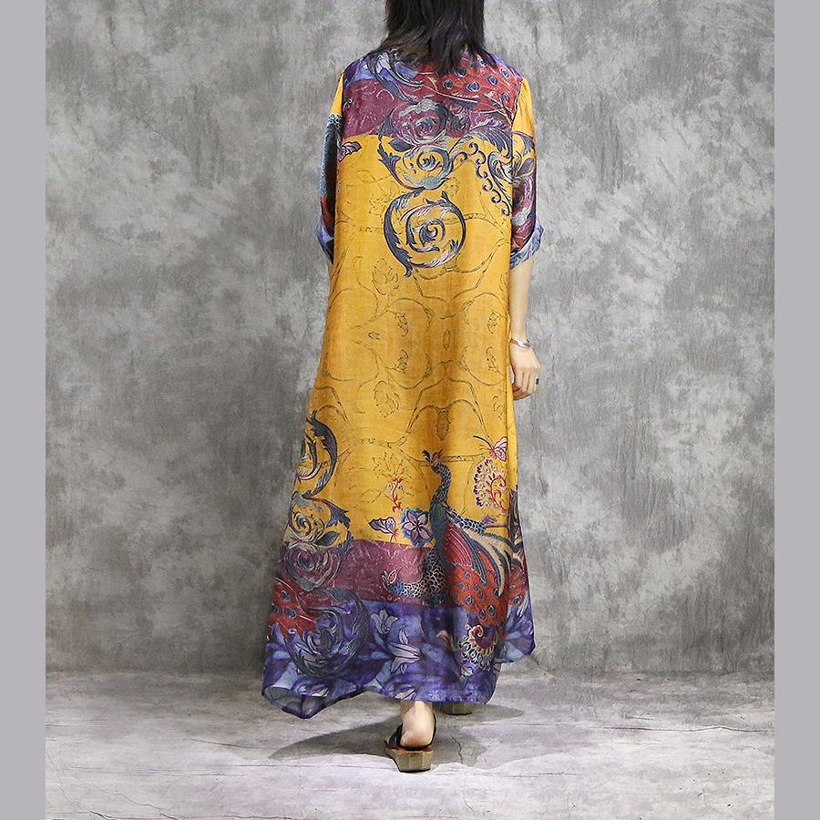 French prints silk tunic dress Fashion design yellow silk Dresses summer - Omychic