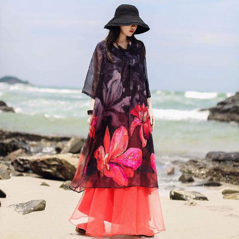 French purple print Robes plus size Tutorials o neck half sleeve Art Summer Dresses - Omychic