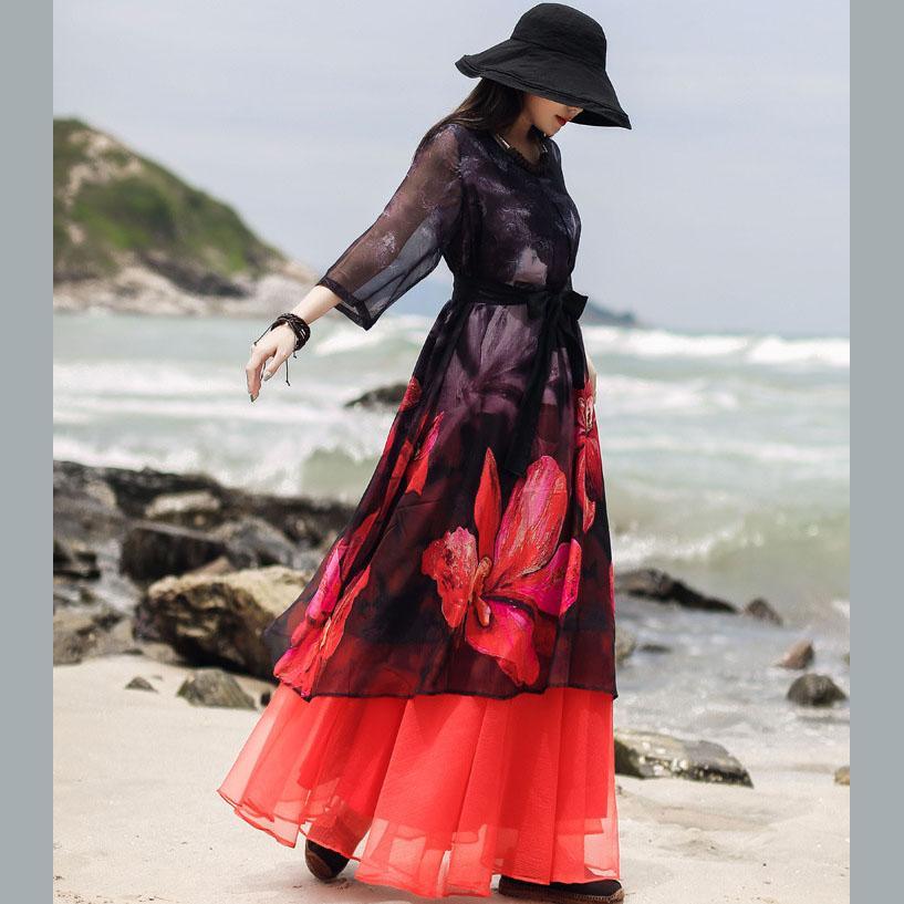 French purple print Robes plus size Tutorials o neck half sleeve Art Summer Dresses - Omychic