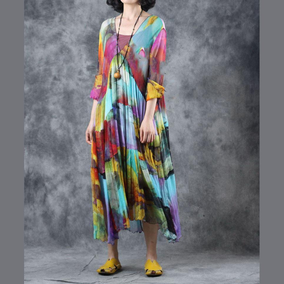 French Rainbow Robes V Neck Wrinkled Two Pieces Robes Fall Dresses - Omychic