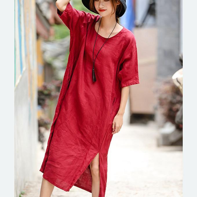 French red linen clothes Omychic Runway o neck embroidery Maxi summer Dress - Omychic
