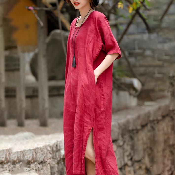 French red linen clothes Omychic Runway o neck embroidery Maxi summer Dress - Omychic