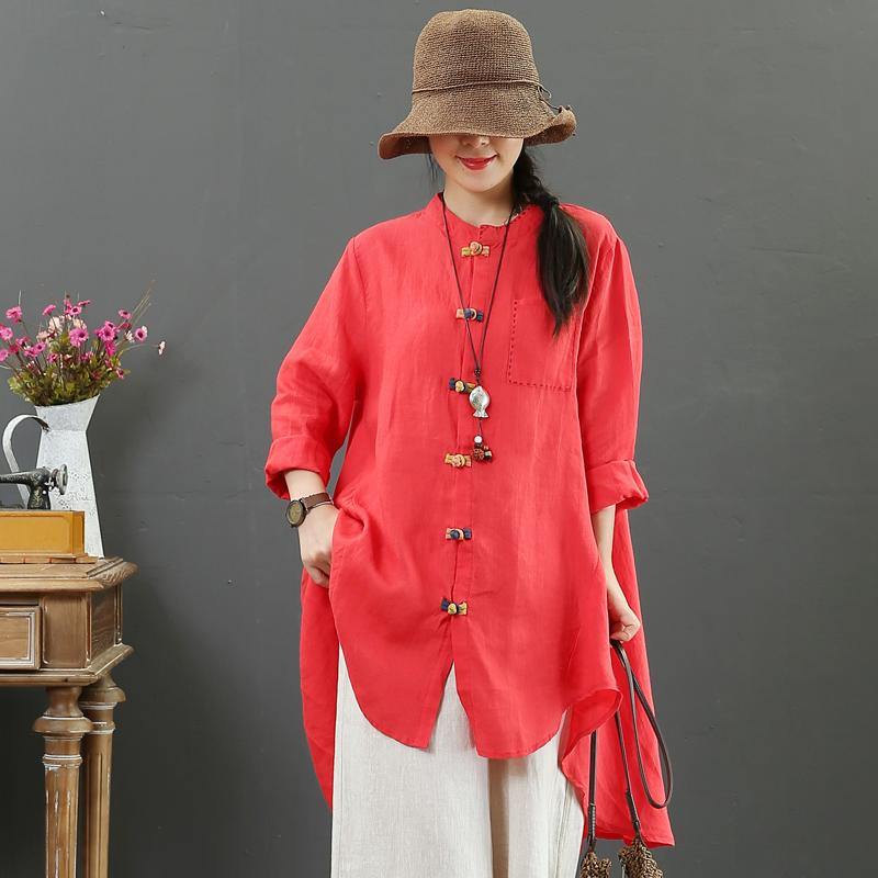 French red linen clothes stand collar low high design oversized fall blouses - Omychic