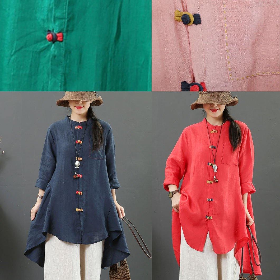 French red linen clothes stand collar low high design oversized fall blouses - Omychic