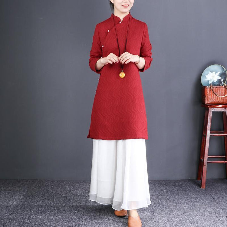 French red linen dresses Korea Inspiration stand collar Button Down tunic Dresses - Omychic