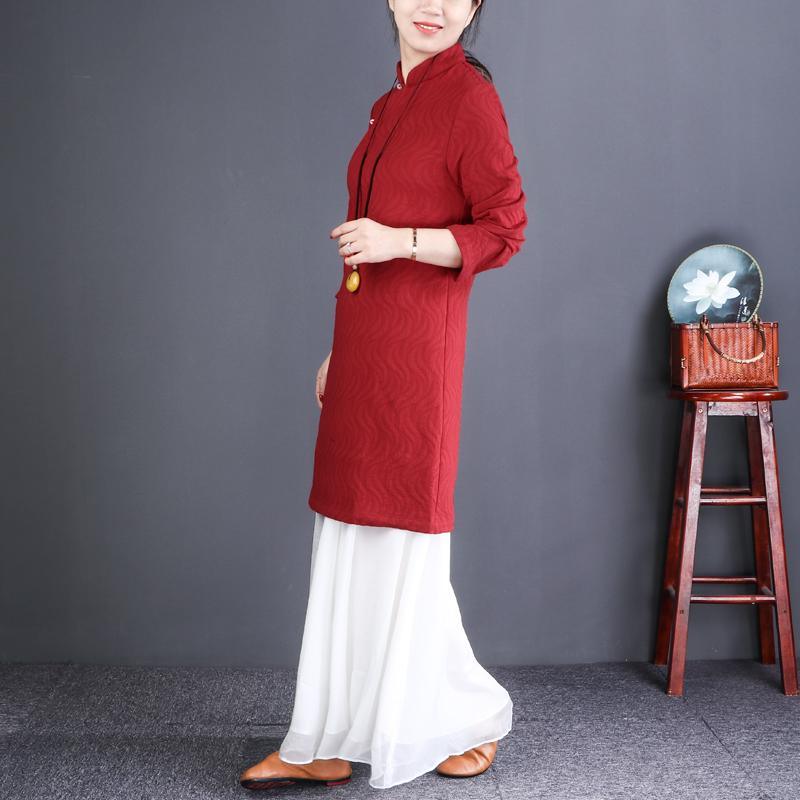 French red linen dresses Korea Inspiration stand collar Button Down tunic Dresses - Omychic