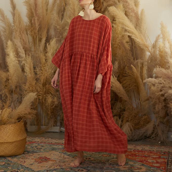 French red plaid cotton quilting dresses o neck patchwork long Dresses - Omychic