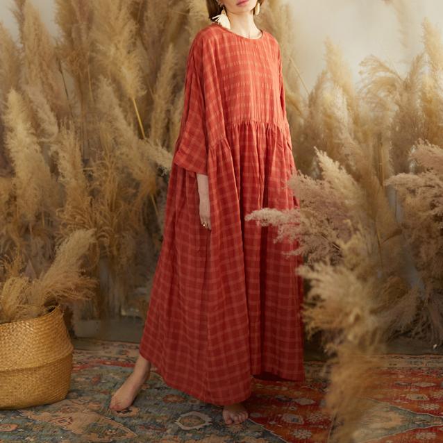 French red plaid cotton quilting dresses o neck patchwork long Dresses - Omychic