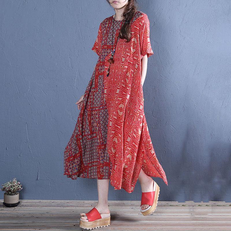 French red print cotton o neck pockets summer Dress - Omychic