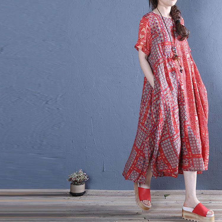 French red print cotton o neck pockets summer Dress - Omychic
