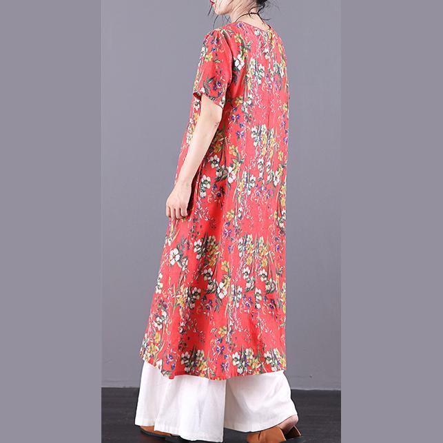 French red print linen Robes o neck pockets summer Dress - Omychic