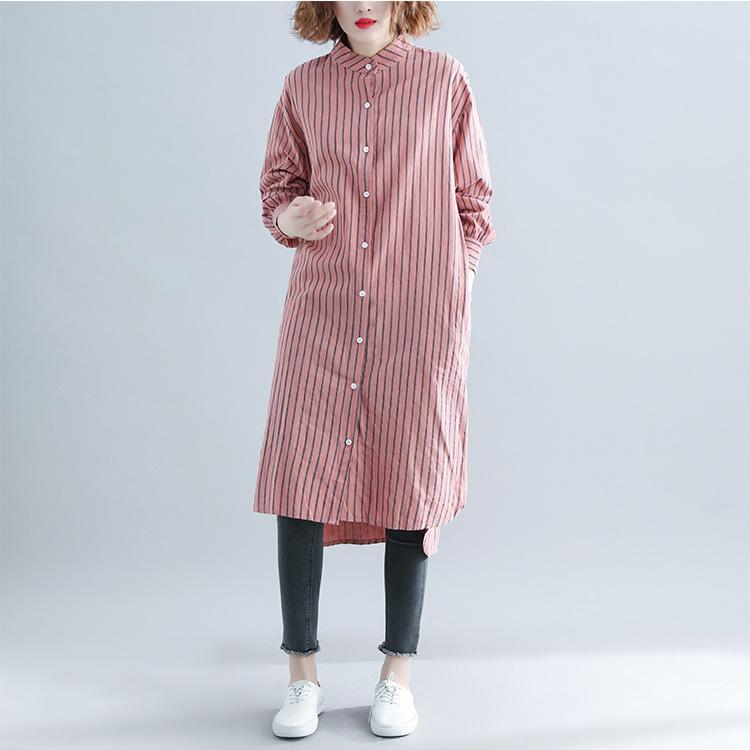 French red striped cotton Wardrobes top quality Sleeve Plus Size Clothing autumn shirt Dress - Omychic