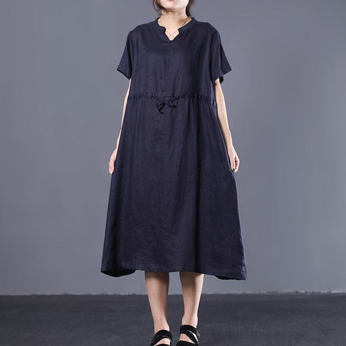 French short sleeve linen clothes For Women Inspiration navy v neck Dress summer - Omychic