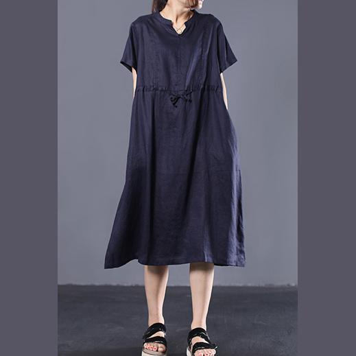 French short sleeve linen clothes For Women Inspiration navy v neck Dress summer - Omychic