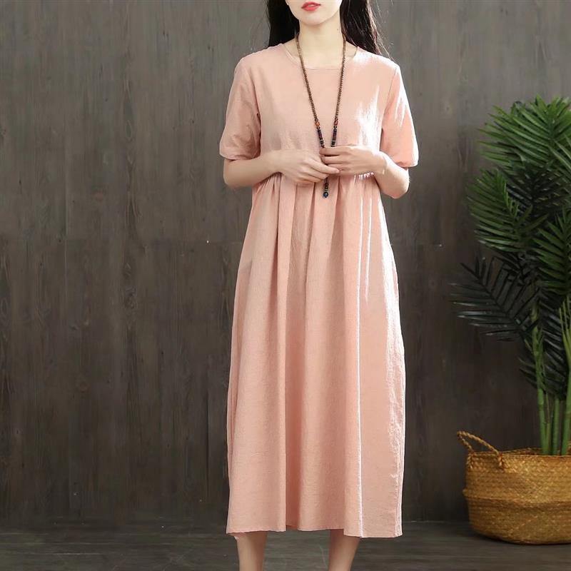 French Short Sleeve Linen Clothes Tunic Tops Pink Dresses Summer ( Limited Stock) - Omychic
