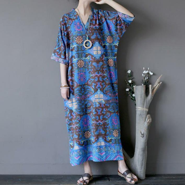 French side open linen v neck dress Tunic Tops blue prints Dresses - Omychic