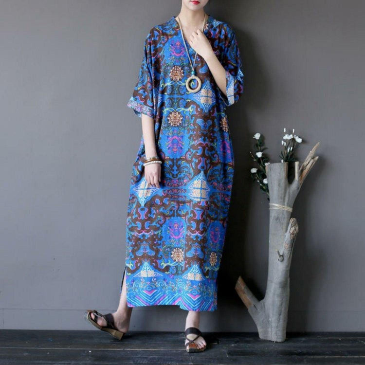 French side open linen v neck dress Tunic Tops blue prints Dresses - Omychic