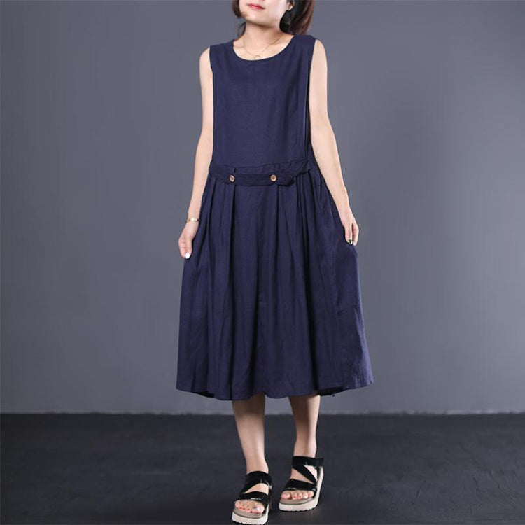 French sleeveless cotton Long Shirts Neckline navy Dress summer - Omychic