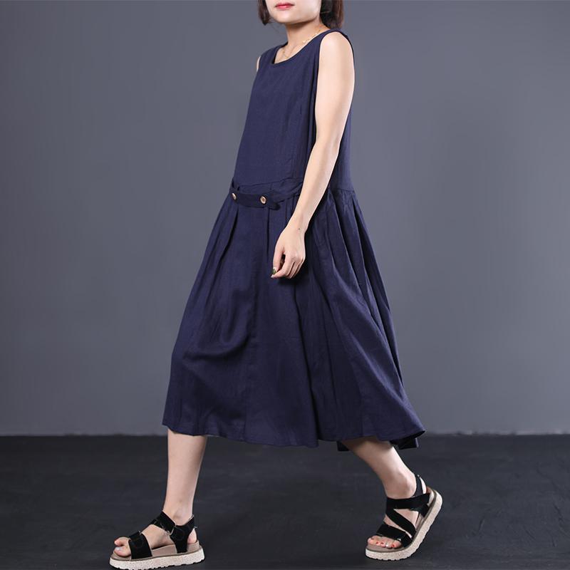 French sleeveless cotton Long Shirts Neckline navy Dress summer - Omychic