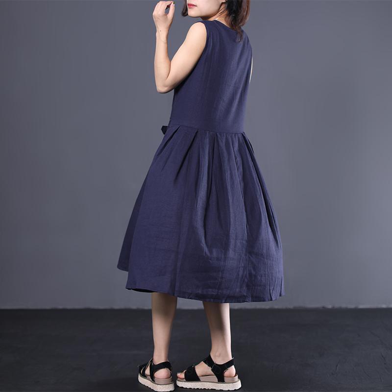 French sleeveless cotton Long Shirts Neckline navy Dress summer - Omychic