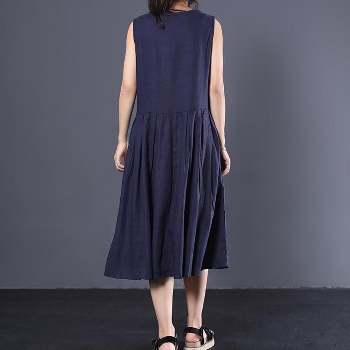 French sleeveless cotton Long Shirts Neckline navy Dress summer - Omychic