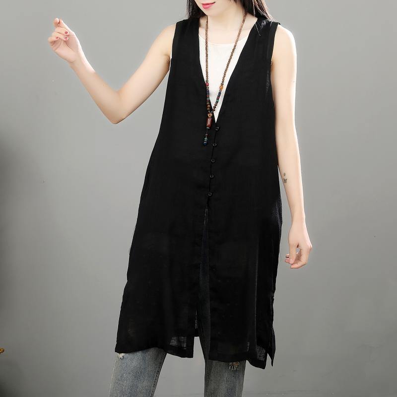 French sleeveless linen tunic top black tunic blouse summer - Omychic