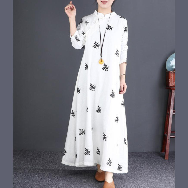 French stand collar Chinese Button cotton clothes For Women Vintage Work white print Maxi Dress - Omychic
