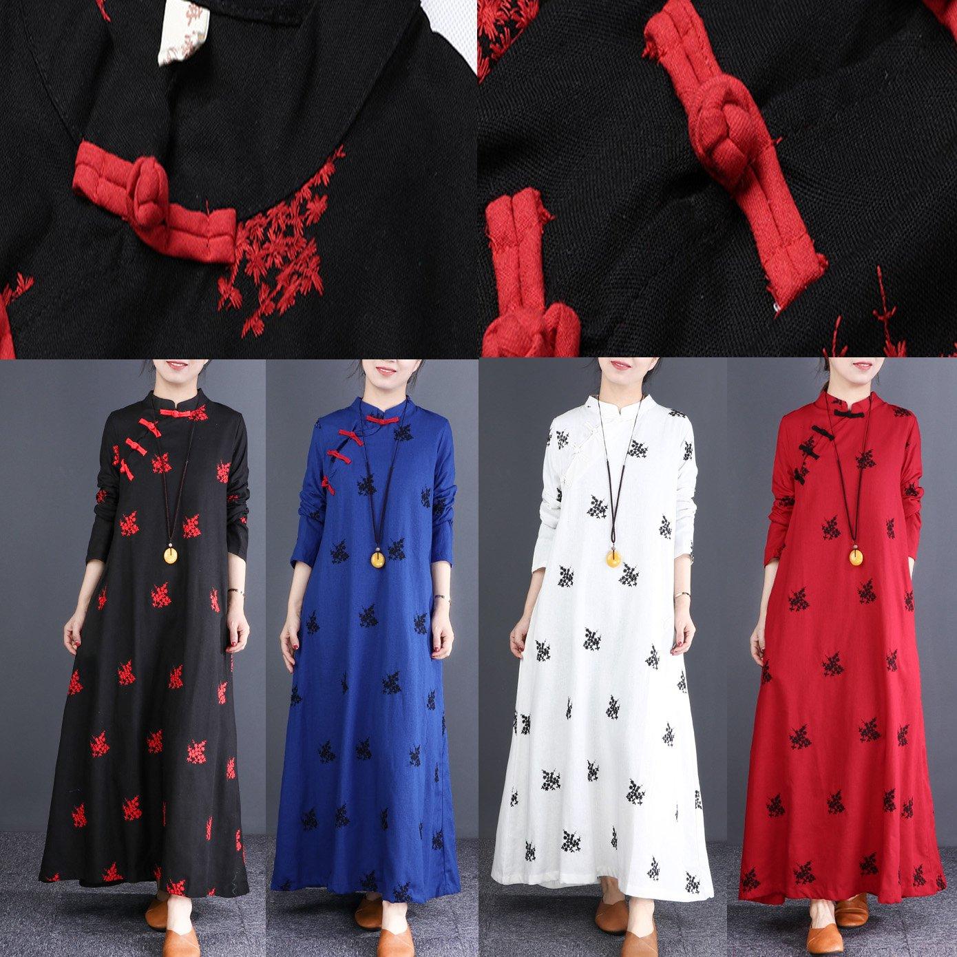 French stand collar Chinese Button cotton clothes For Women Vintage Work white print Maxi Dress - Omychic
