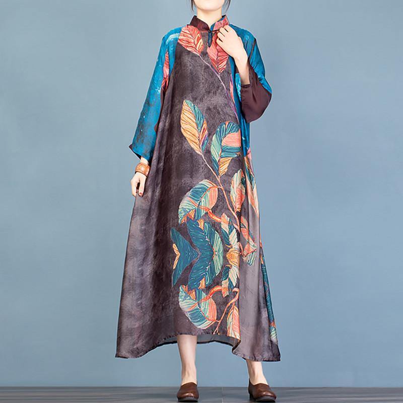 French stand collar asymmetric quilting dresses Fabrics blue print robes Dresses - Omychic