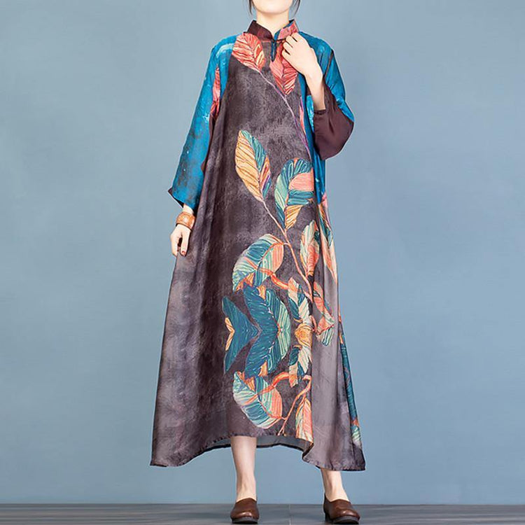 French stand collar asymmetric quilting dresses Fabrics blue print robes Dresses - Omychic