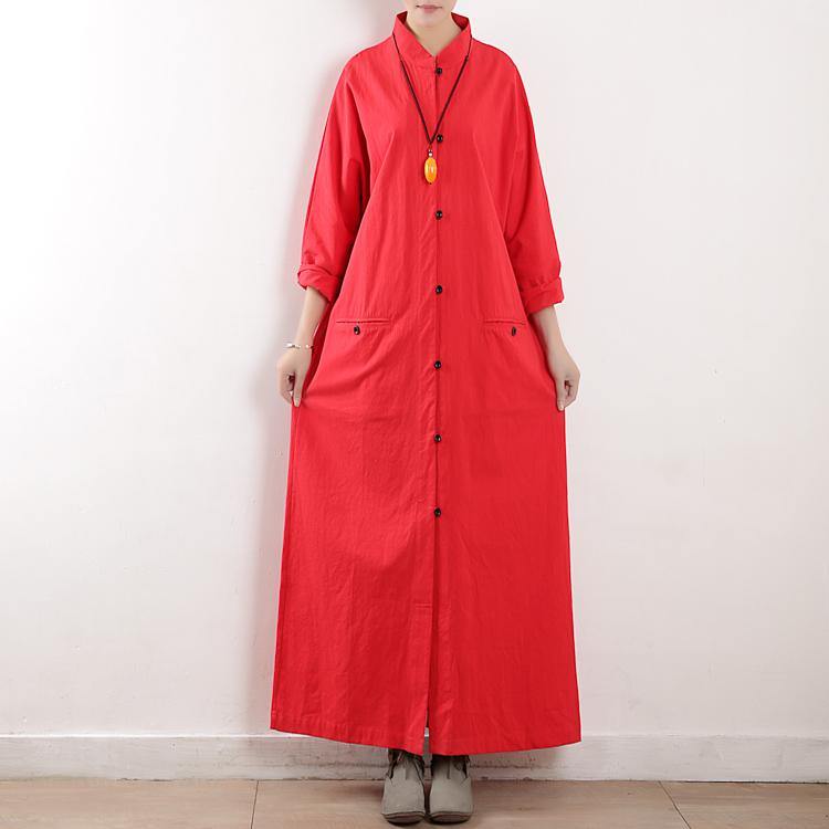 French stand collar cotton clothes Tutorials red long sleeve Maxi Dress fall - Omychic