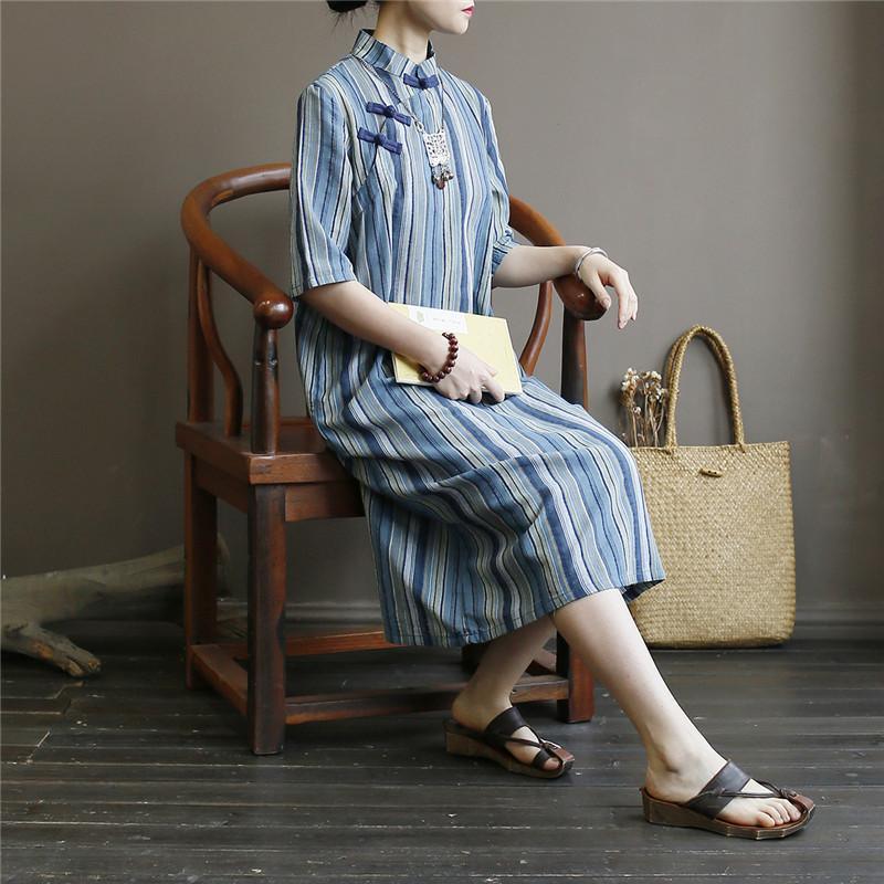 French stand collar cotton summer clothes Work Outfits blue striped cotton robes Dresses - Omychic