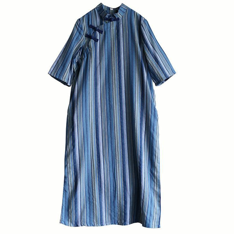 French stand collar cotton summer clothes Work Outfits blue striped cotton robes Dresses - Omychic