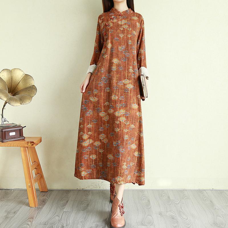 French stand collar linen Chinese Button clothes For Women Online Shopping brown prints Dresses - Omychic