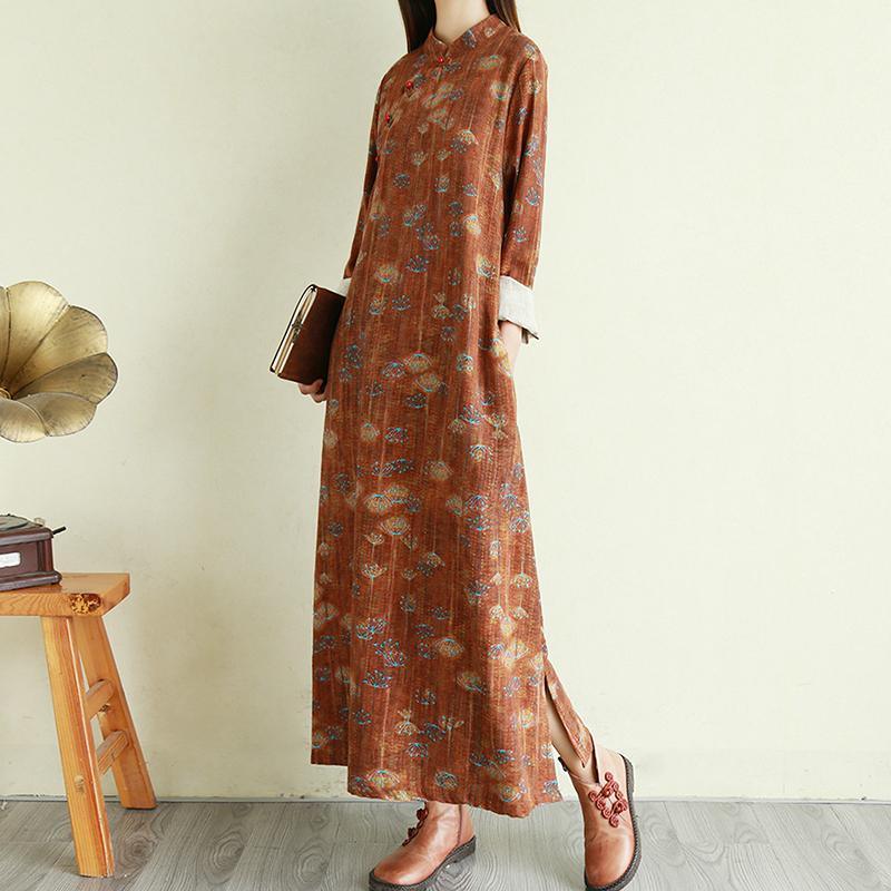 French stand collar linen Chinese Button clothes For Women Online Shopping brown prints Dresses - Omychic
