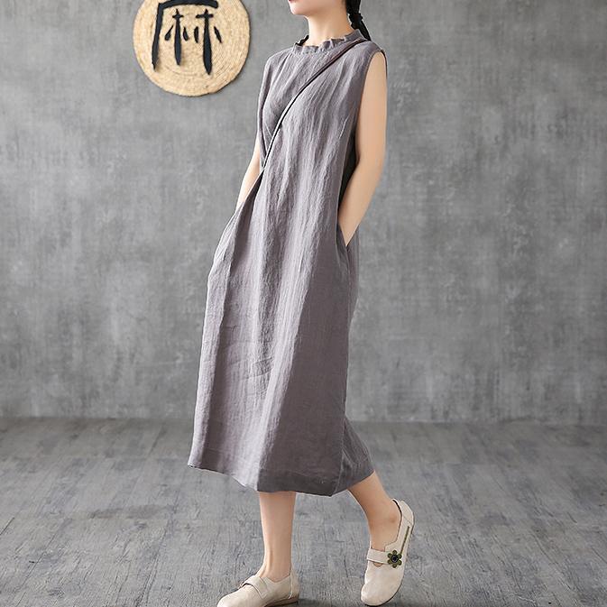 French stand collar sleeveless linen clothes For Women Wardrobes dark gray Dresses - Omychic
