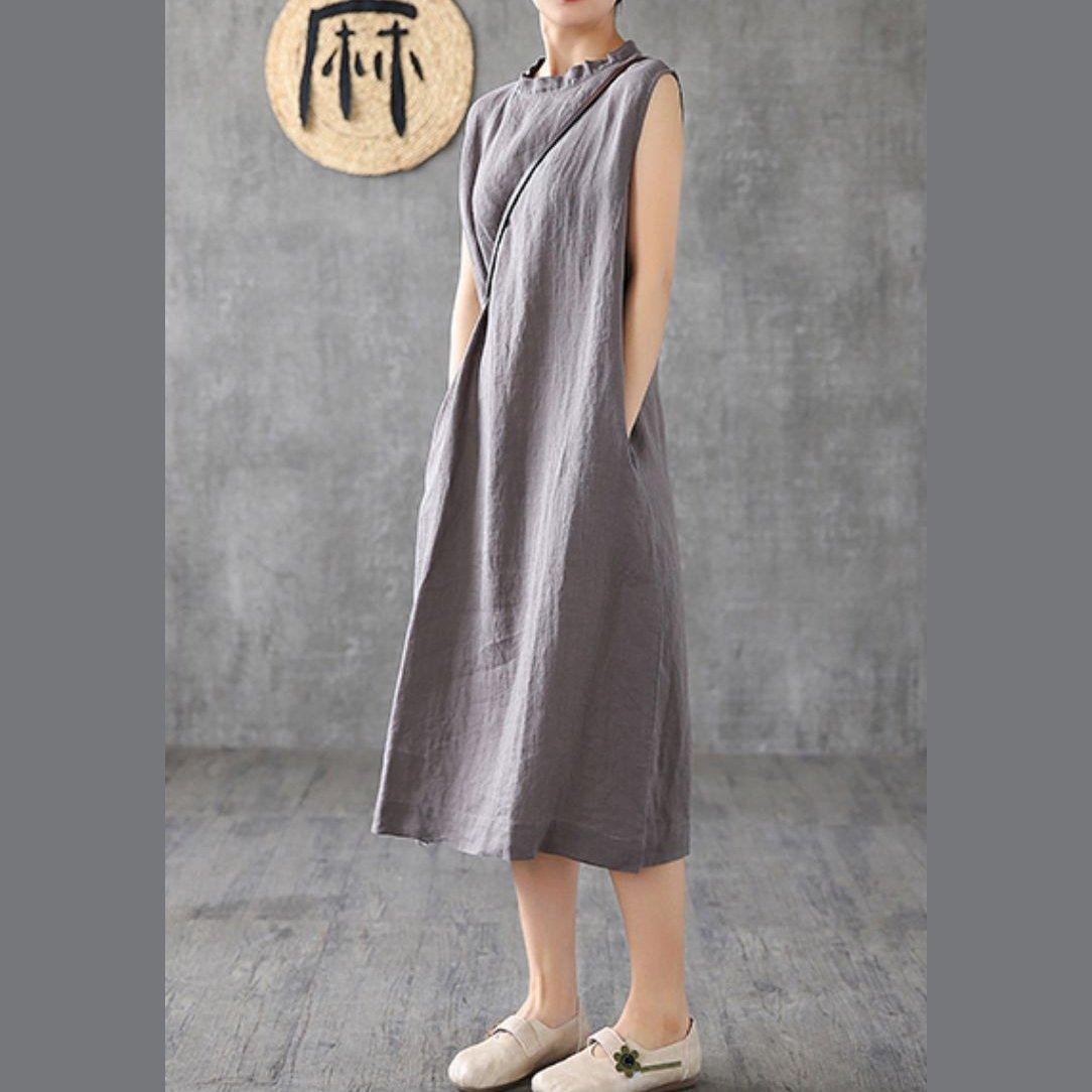 French stand collar sleeveless linen clothes For Women Wardrobes dark gray Dresses - Omychic