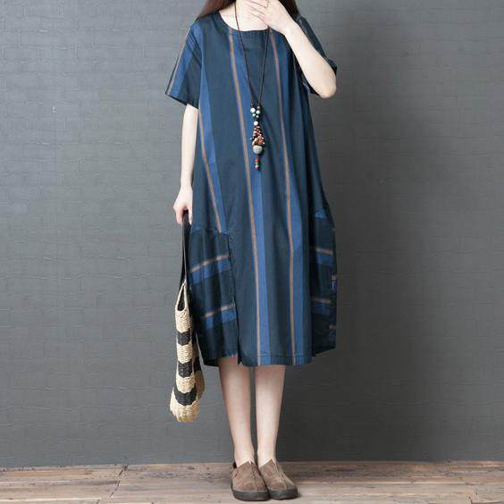 French striped cotton Wardrobes Sewing blue Plus Size  Dress summer - Omychic
